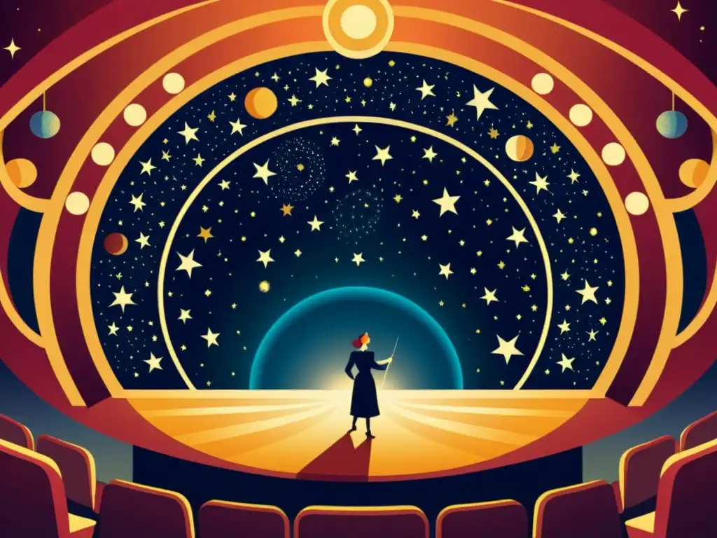 Un teatro de época representa fenómenos astronómicos en un escenario cósmico vintage