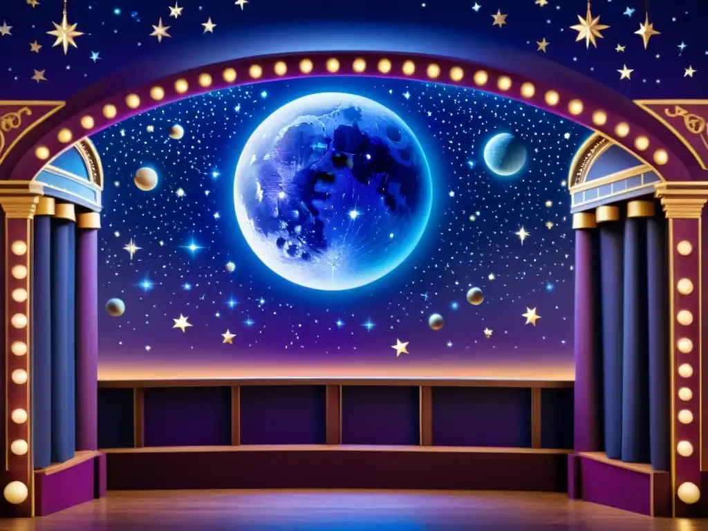 Escenografía astronómica en teatro: un impresionante escenario vintage inspirado en el cielo nocturno, con estrellas brillantes y constelaciones