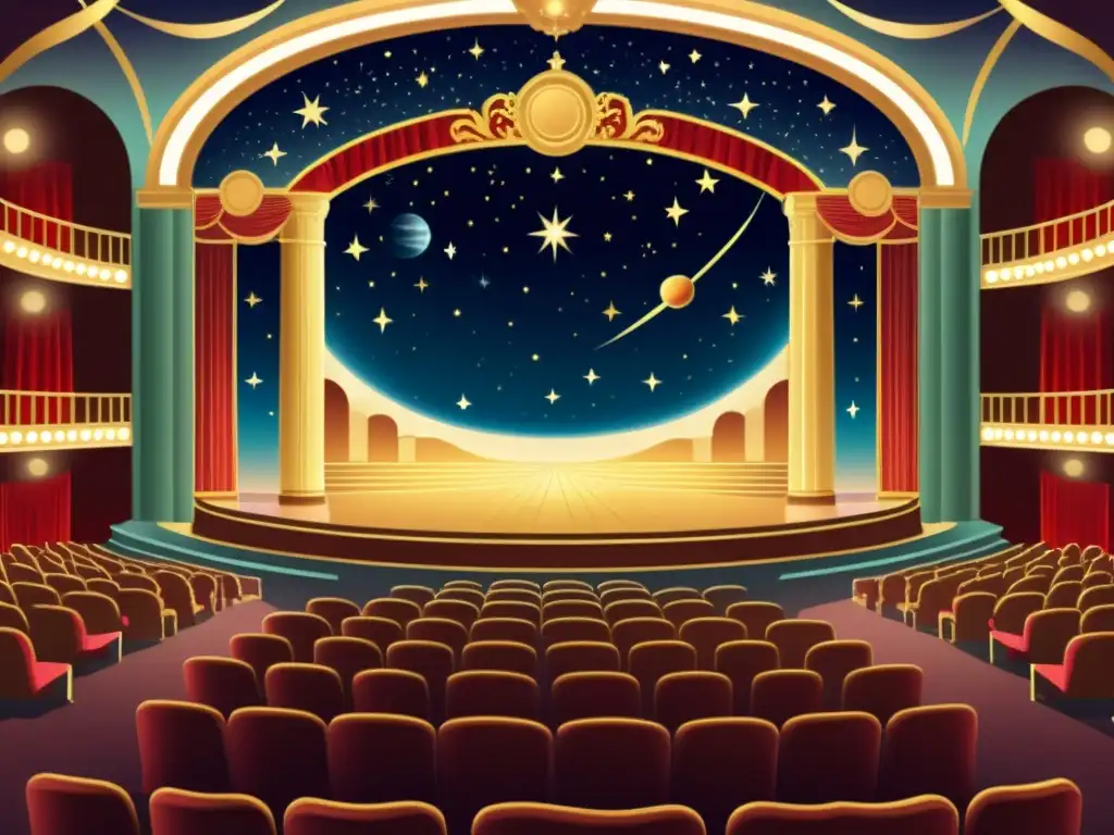 Teatro vintage con escenografías astronómicas, público elegante y un escenario celestialmente inmersivo