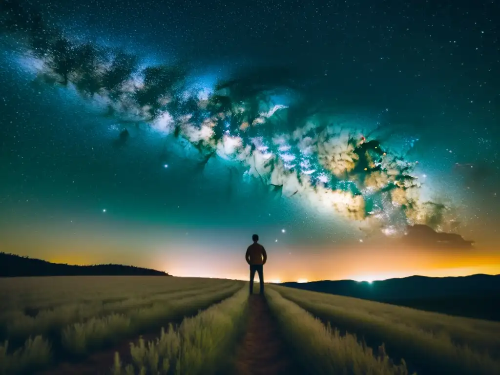 Técnica para capturar la Vía Láctea: Fotógrafo solo en campo nocturno, bajo cielo estrellado, en imagen vintage de asombro y nostalgia