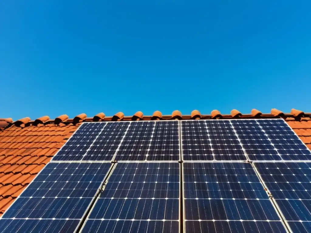 Una fotografía vintage de un tejado con paneles solares, bañado por el sol bajo un cielo azul