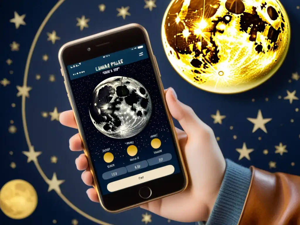 Un teléfono móvil antiguo con la mejor app de fase lunar vintage en pantalla, rodeado de elementos celestiales nostálgicos y una iluminación cálida
