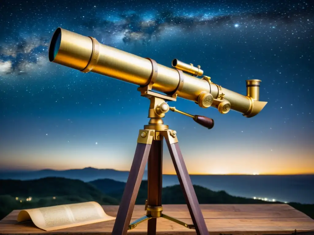 Un telescopio antiguo apuntando al cielo estrellado, rodeado de mapas y gráficos celestes vintage