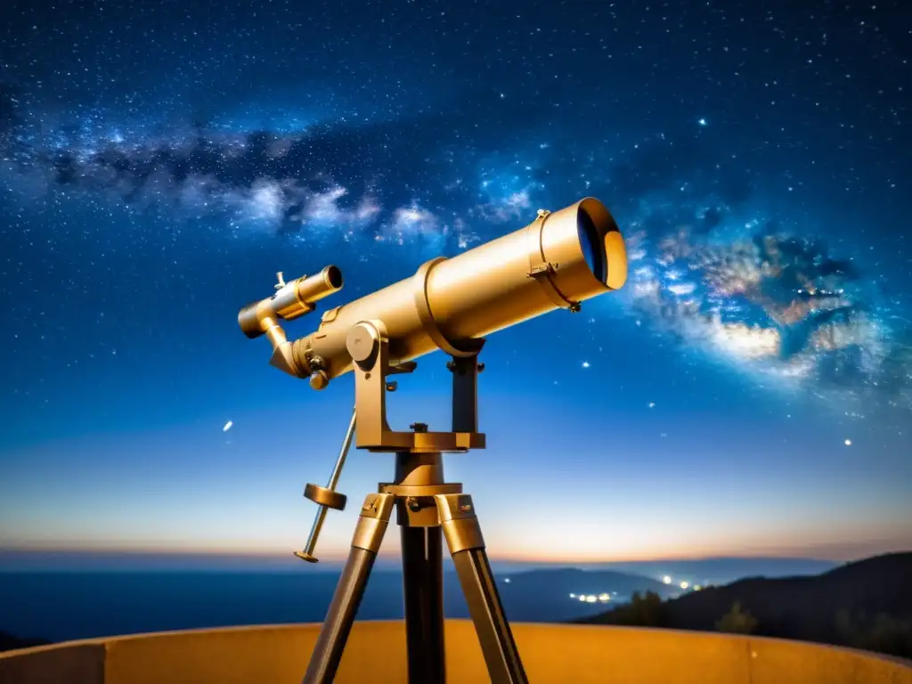 Un telescopio antiguo apuntando al cielo estrellado, iluminado por la luz de la luna creciente