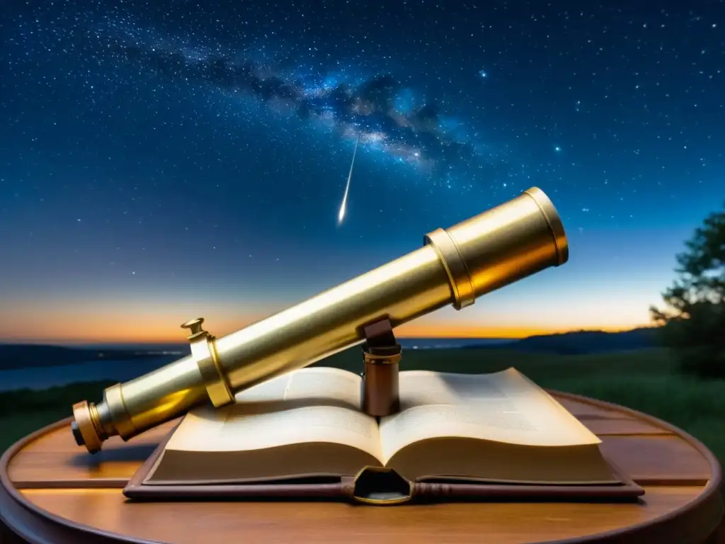 Un telescopio antiguo apuntando al cielo estrellado, rodeado de libros de astronomía, una brújula y una carta astral