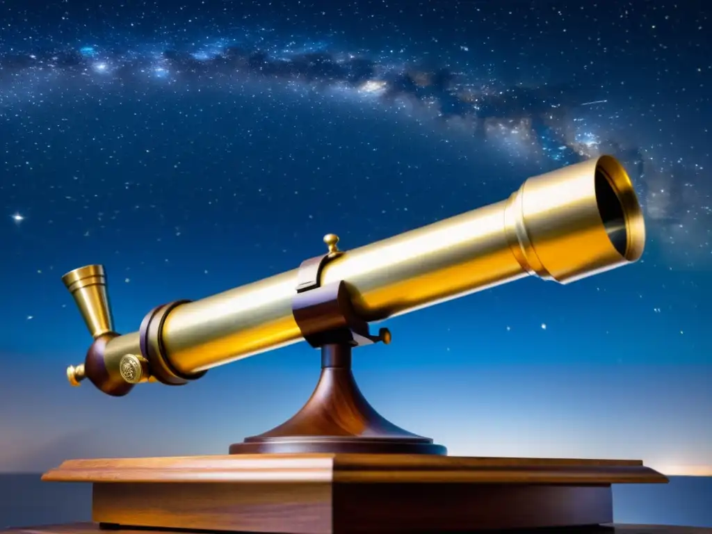 Telescopio antiguo de latón apuntando al cielo estrellado, con constelaciones girando