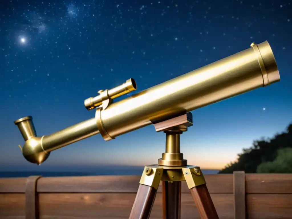 Un telescopio de latón antiguo, detallado, en un trípode de madera, apuntando al cielo estrellado