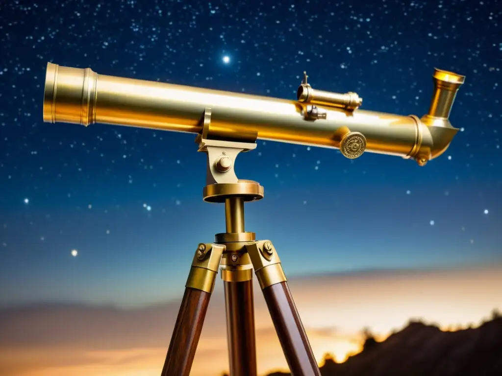 Un telescopio antiguo de latón con grabados intrincados y una pátina rica, en un cielo estrellado