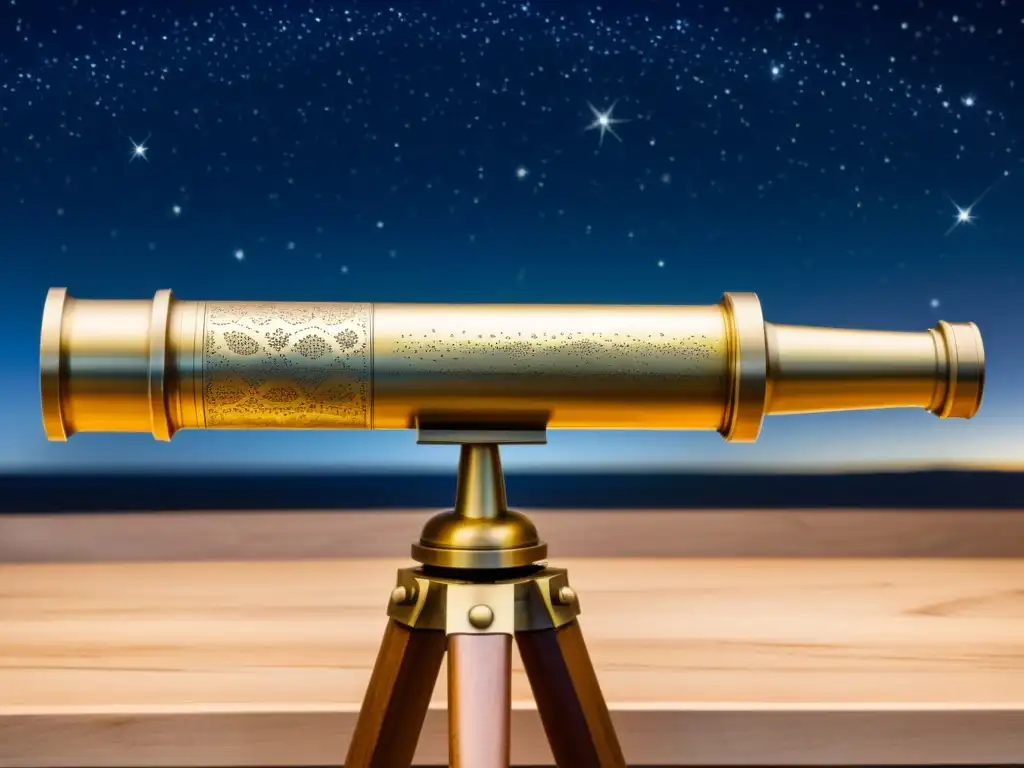 Un telescopio de latón antiguo con grabados intrincados y una pátina rica, frente a un cielo estrellado iluminado por la constelación Draco