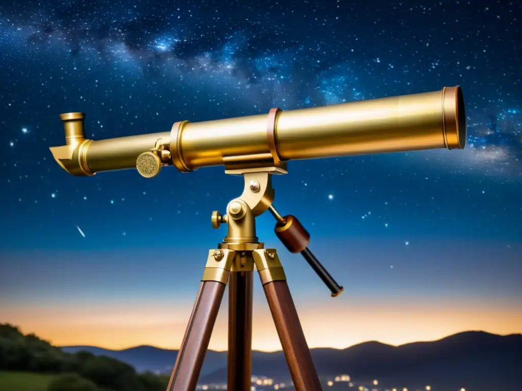 Un telescopio antiguo de latón con intrincados grabados y trípode de madera, apuntando a un cielo estrellado