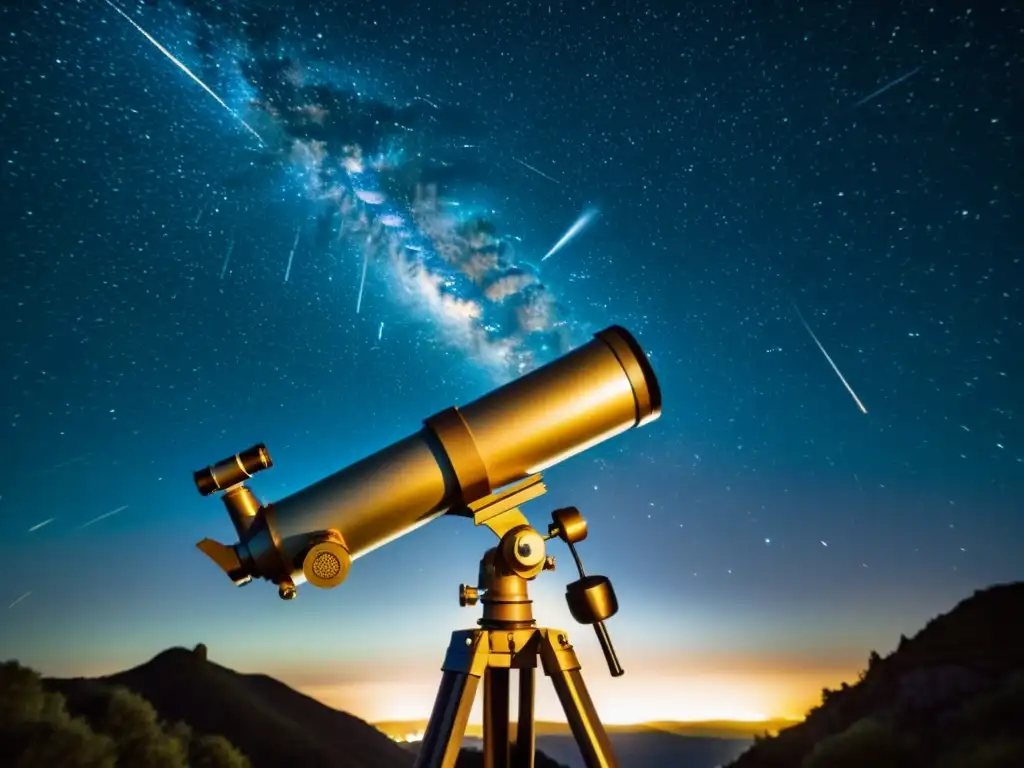 Telescopio antiguo captura la lluvia de estrellas Perseidas en un cielo nocturno vintage, evocando asombro y nostalgia