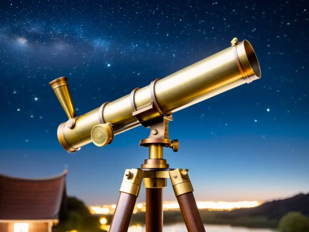 Un telescopio antiguo de latón sobre trípode de madera, apuntando a un cielo estrellado