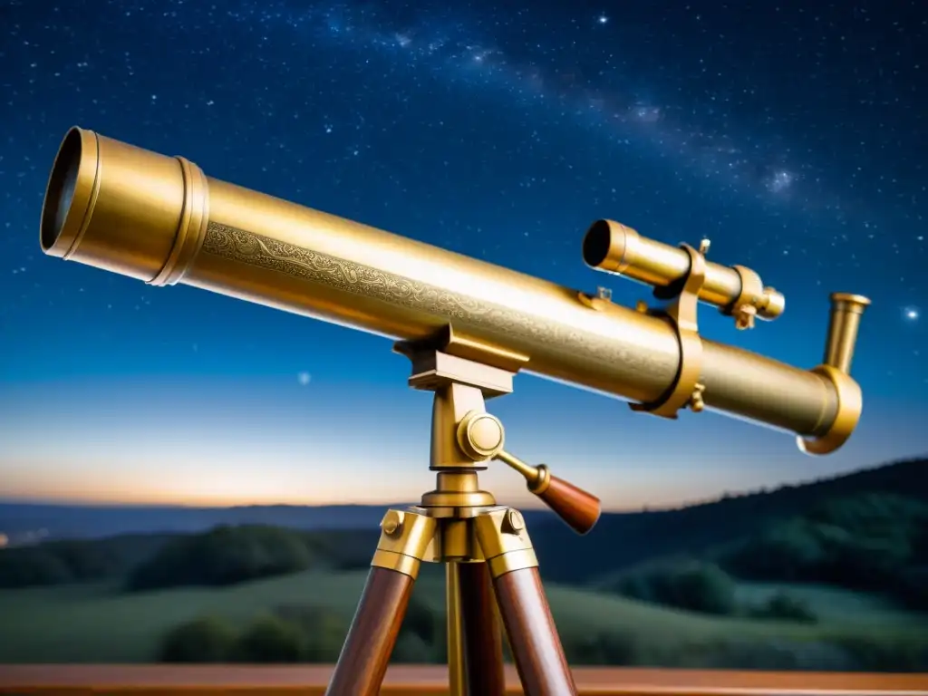 Telescopio antiguo de latón sobre trípode de madera, en un cielo estrellado