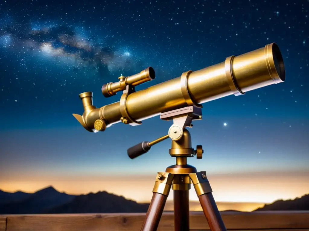 Un telescopio antiguo de latón, en trípode de madera, apunta a constelaciones menos visibles en la noche estrellada, evocando exploración celestial