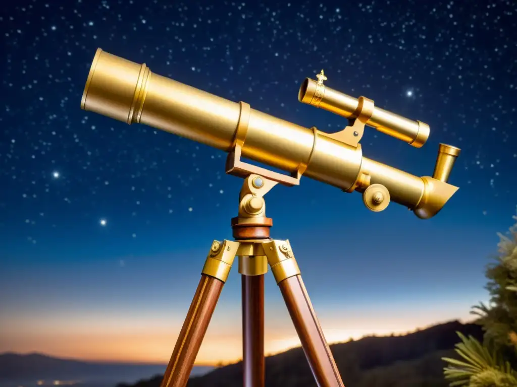 Un telescopio antiguo sobre trípode de madera, brilla a la luz de la luna bajo un cielo estrellado, evocando el impacto del seeing astronómico