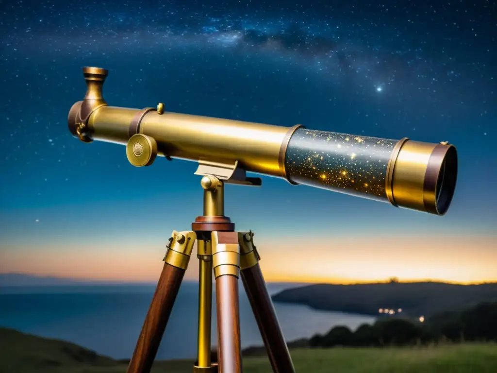 Telescopio antiguo de latón sobre trípode de madera, en noche estrellada