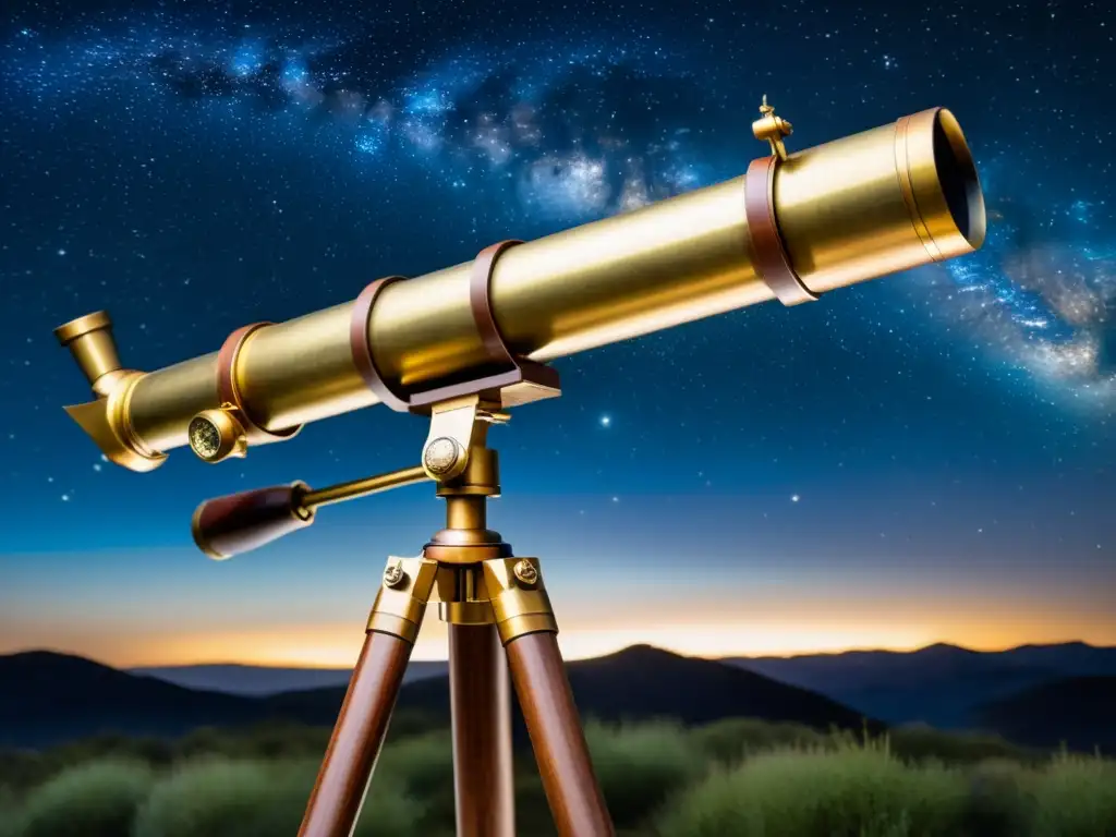 Telescopio antiguo de latón sobre trípode de madera, en noche estrellada