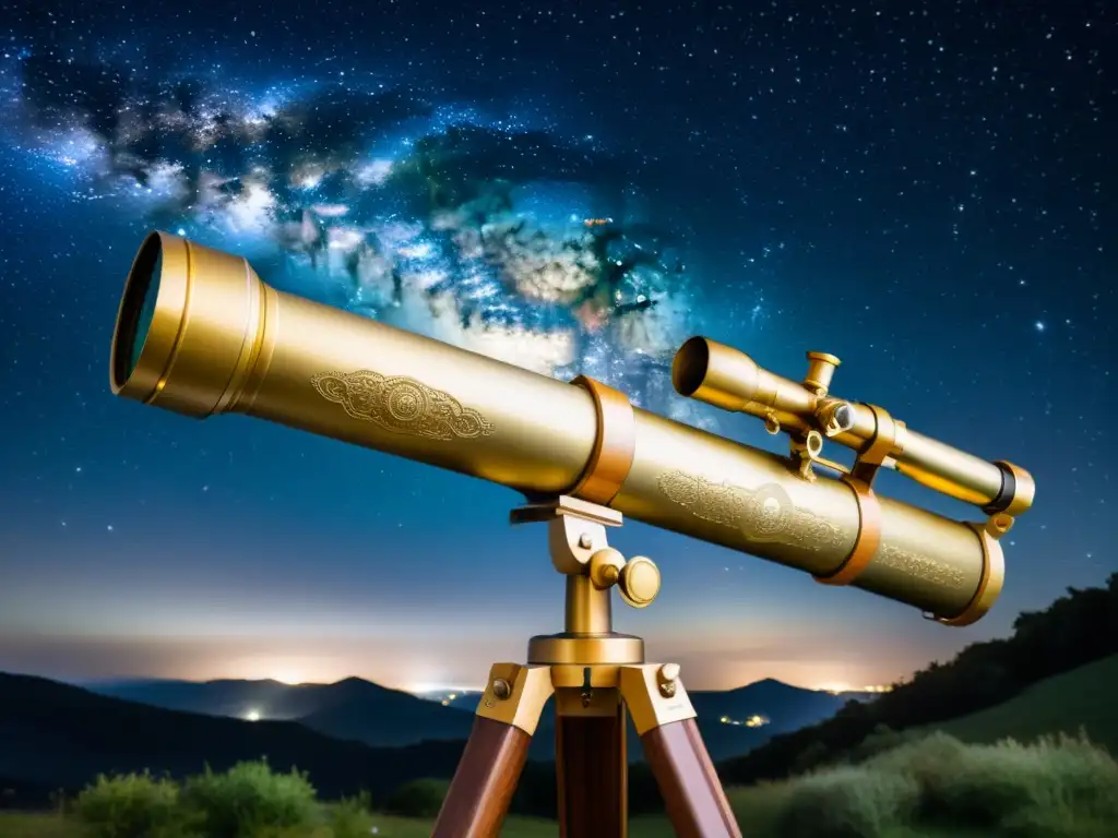 Un telescopio antiguo apuntando a la Vía Láctea, rodeado de estrellas