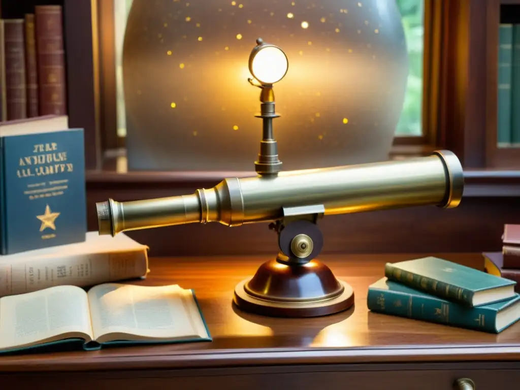 Un telescopio de latón antiguo rodeado de libros y mapas astronómicos, iluminado por una lámpara de escritorio