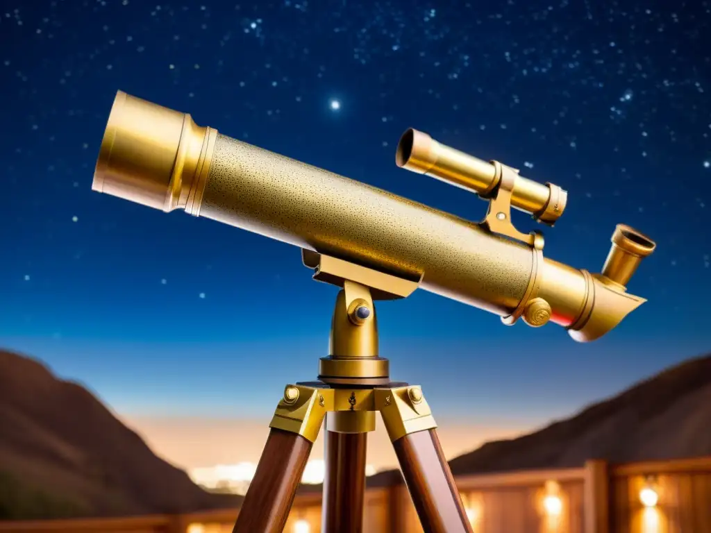 Telescopio artesanal de latón envejecido sobre trípode de madera, observando constelaciones en la noche estrellada