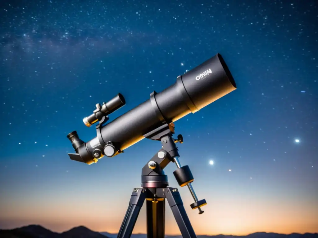 Telescopio catadióptrico negro en noche estrellada, evocando la exploración de constelaciones con tecnología avanzada