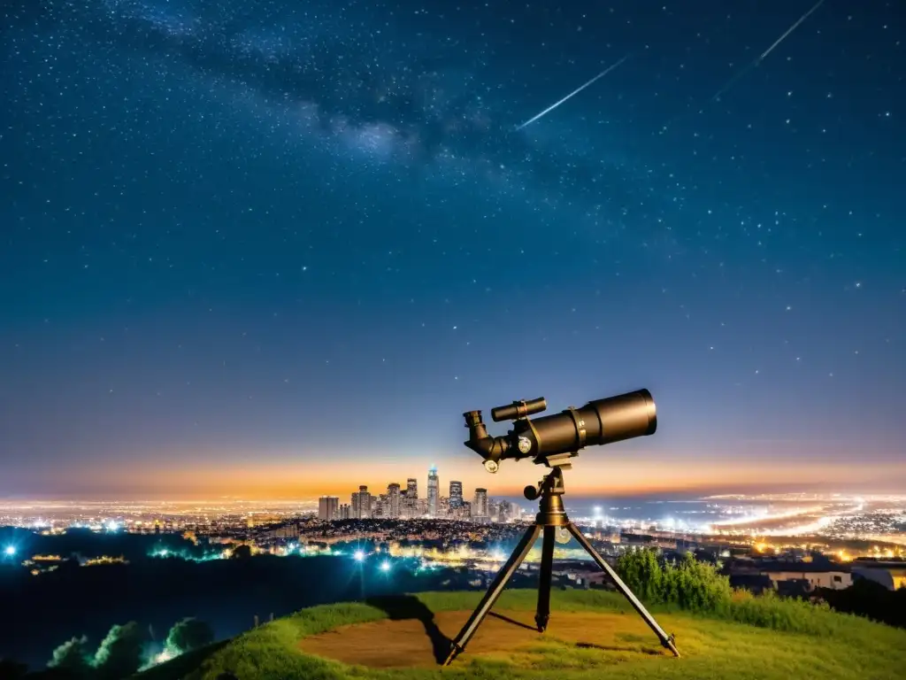 Telescopio apuntando al cielo estrellado desde colina, mostrando el impacto de la contaminación lumínica en la observación astronómica