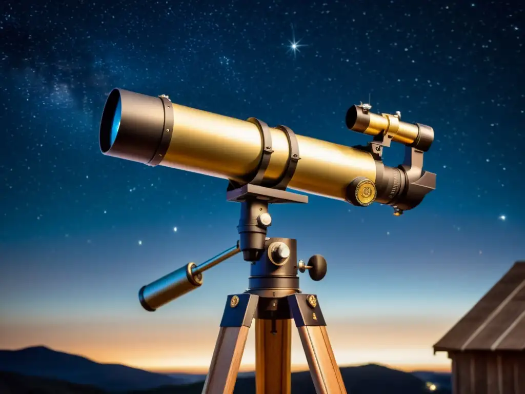 Telescopio apuntando al cielo nocturno, con estrellas y cuerpos celestes