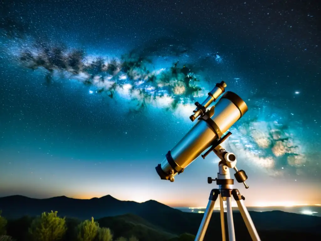 Telescopio apuntando al cielo nocturno con la Vía Láctea de fondo