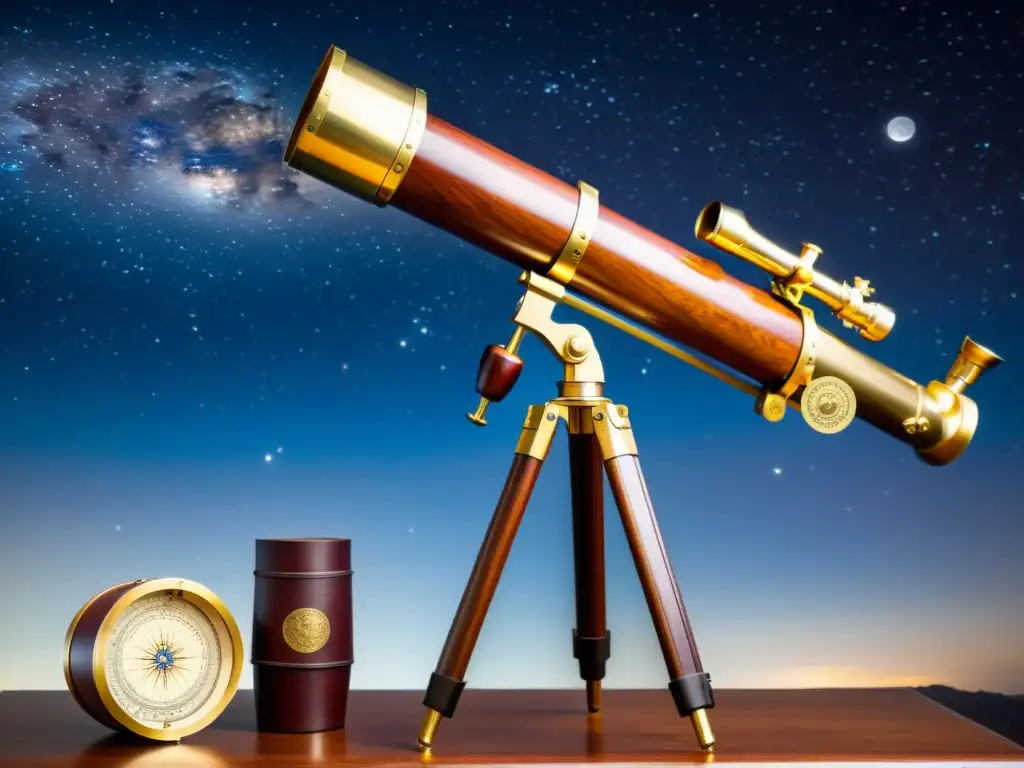 Telescopio vintage apuntando al cielo estrellado Un telescopio clásico apuntando al cielo estrellado, sobre un soporte vintage con accesorios de latón y mapas antiguos