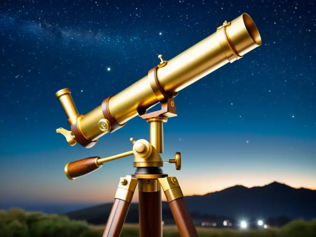 Un telescopio clásico de estilo vintage con detalles de latón y trípode de madera, en un cielo estrellado