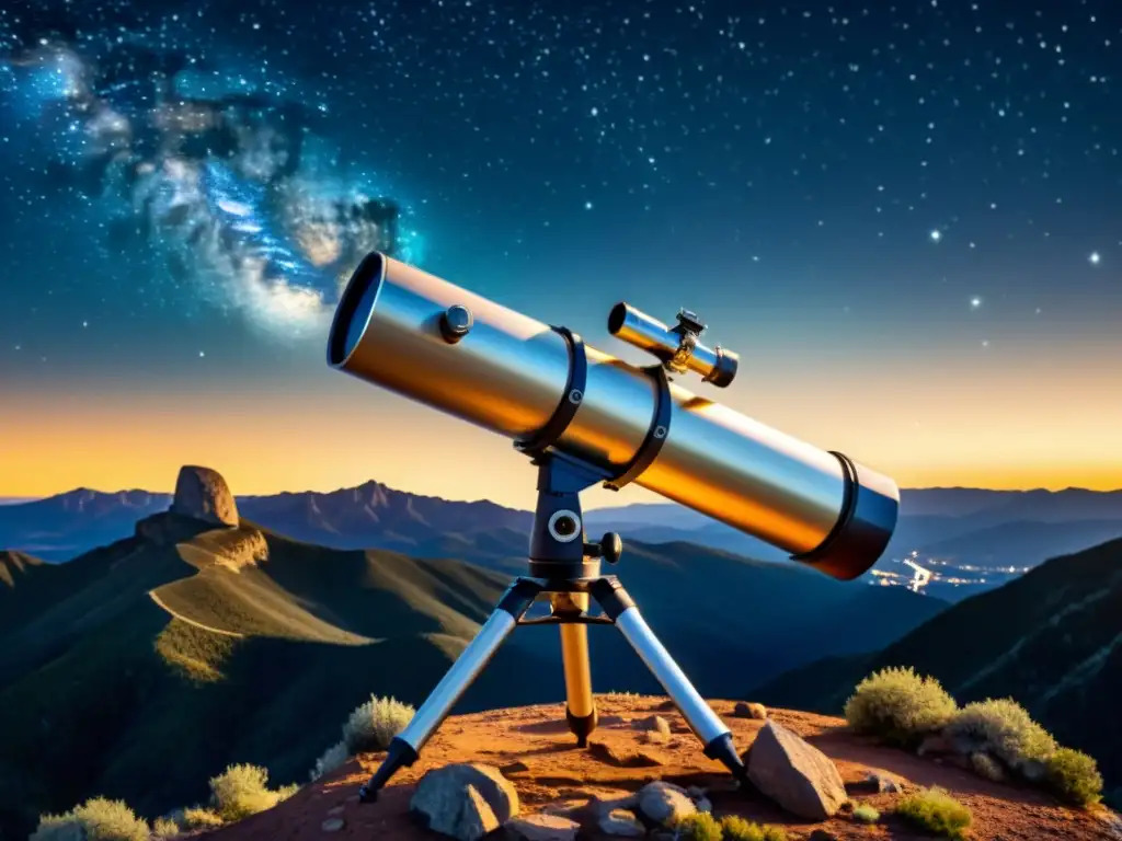 Un telescopio computarizado en la cima de una montaña bajo un cielo estrellado, fusionando tecnología con la maravilla astronómica