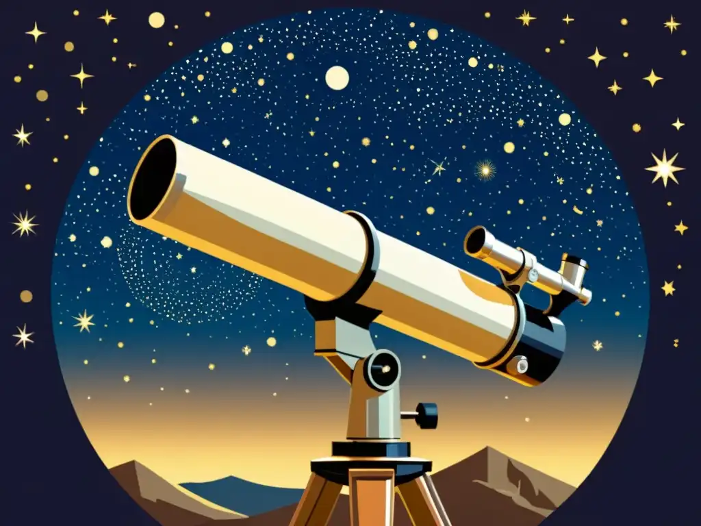 Un telescopio computarizado revela la visión astronómica en una ilustración vintage de la noche estrellada