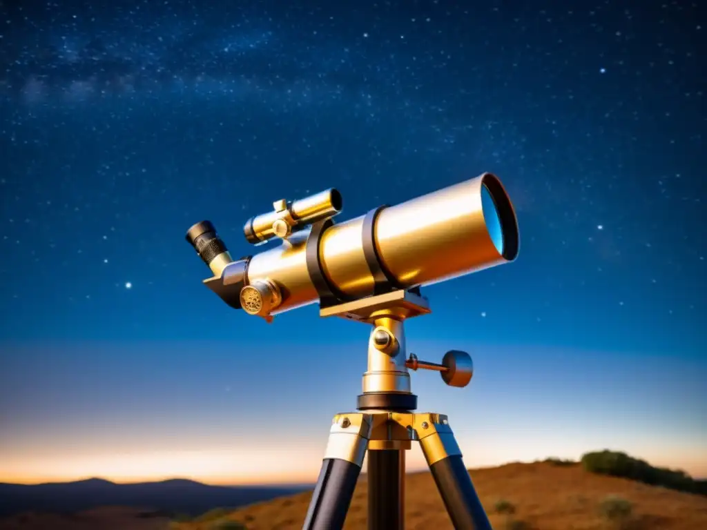 Un telescopio MaksutovCassegrain sobre trípode, listo para observar constelaciones en una noche estrellada