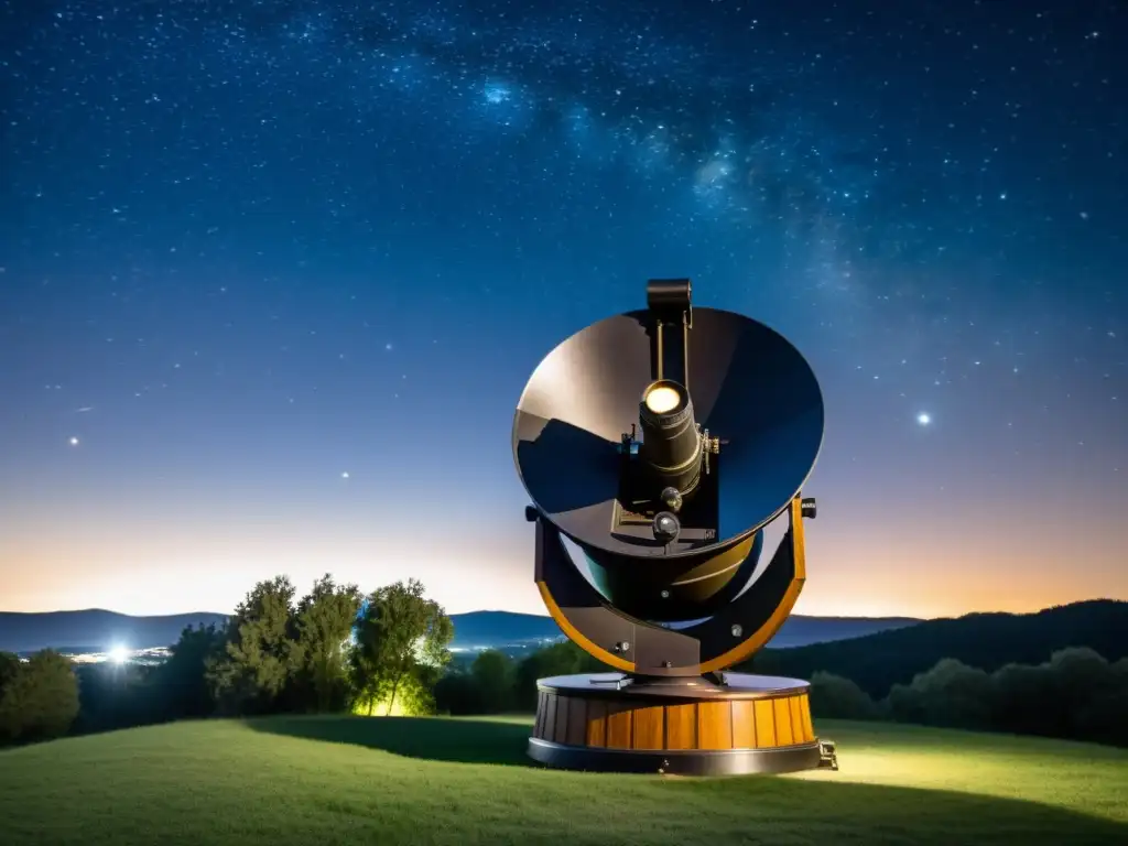 Un telescopio Dobsoniano vintage brilla bajo la luz de la luna en una noche estrellada