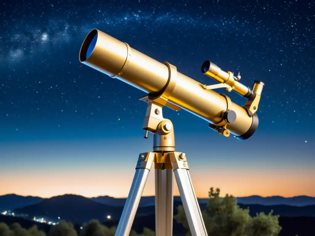 Telescopio futurista con seguimiento automático para observación astronómica bajo un cielo estrellado, evocando descubrimiento y asombro