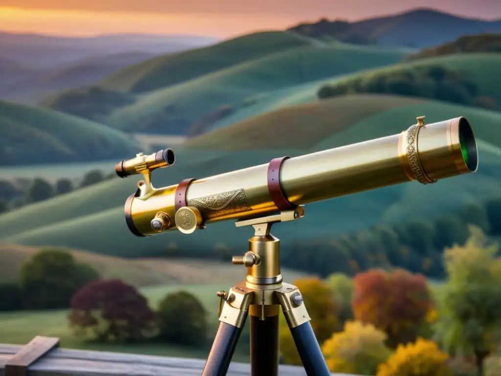 Un telescopio de latón vintage con grabados detallados reposa sobre un trípode de madera envejecida, con colinas y un atardecer de colores de fondo