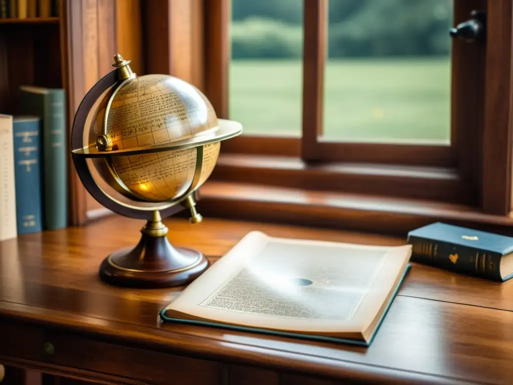 Un telescopio de madera artesanal reposa sobre una mesa antigua de roble, rodeado de libros de astronomía, un globo celestial y un diario de estrellas