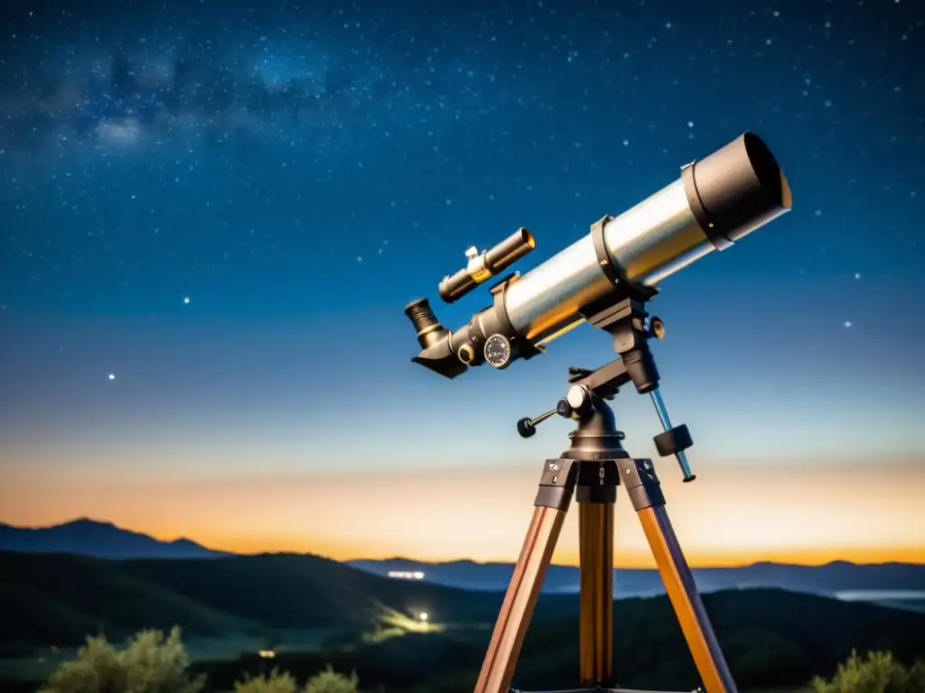 Un telescopio Maksutov Cassegrain compacto se alza en un trípode de madera en una noche estrellada, rodeado de equipos astronómicos vintage