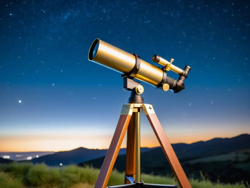 Un telescopio Maksutov-Cassegrain compacto en trípode de madera, bajo un cielo estrellado