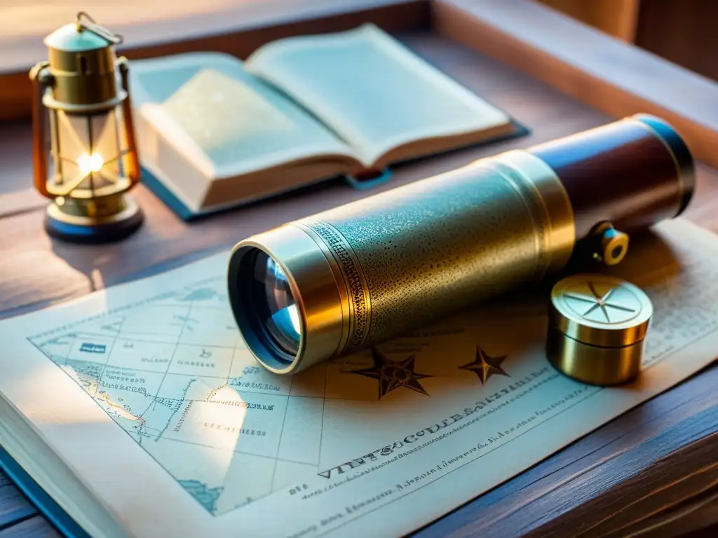 Un telescopio monocular vintage sobre una mesa de madera antigua, rodeado de mapas estelares, un diario encuadernado en cuero y una brújula de latón