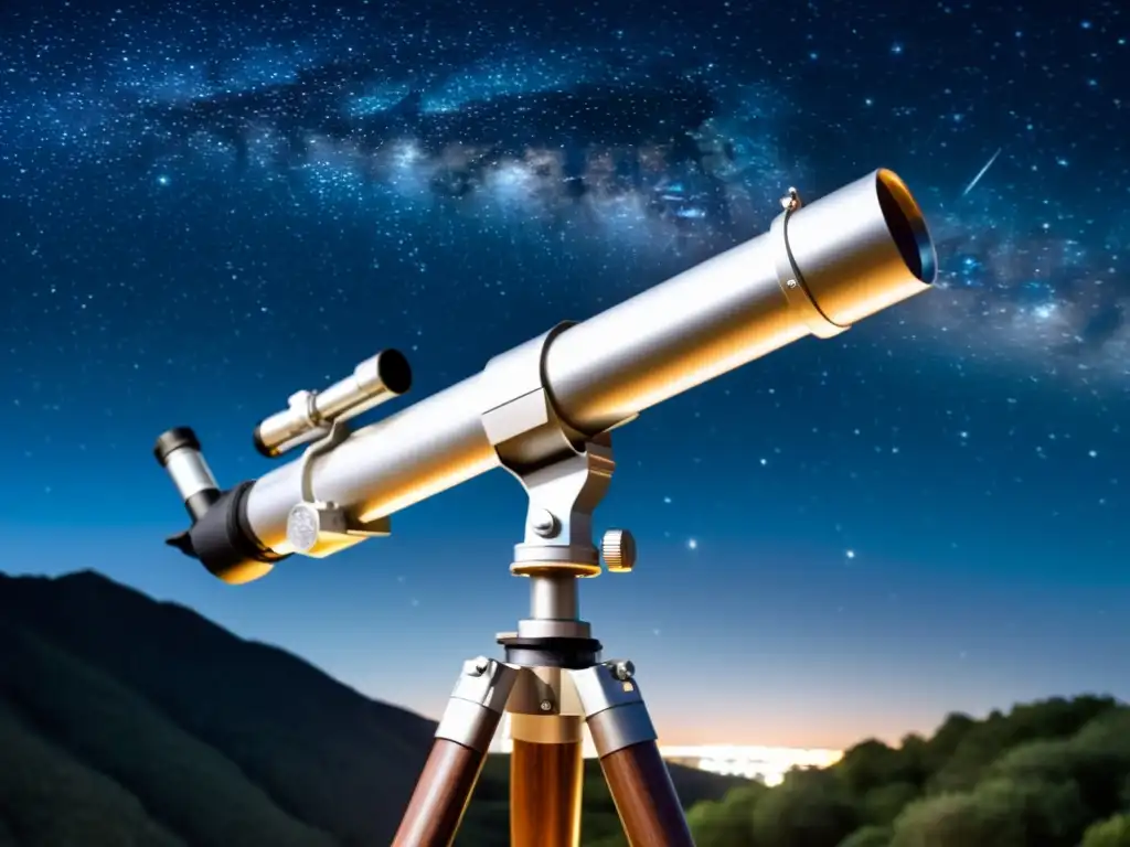 Un telescopio plateado de estilo vintage destaca en la noche estrellada, emitiendo un aura de maravilla astronómica