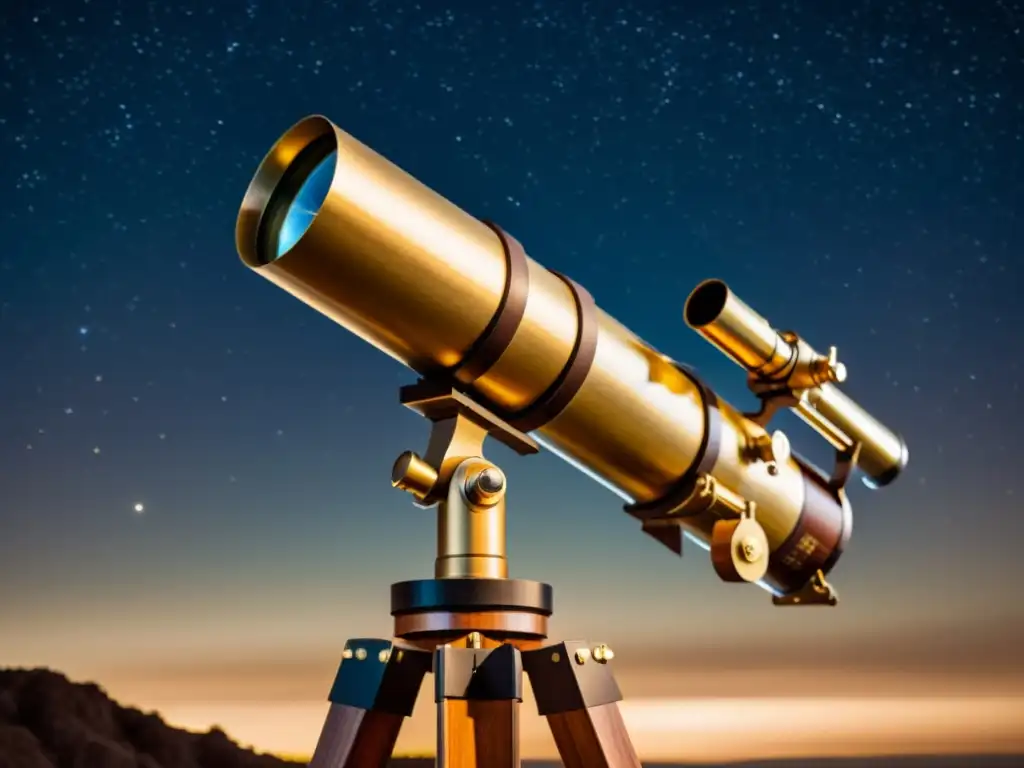 Un telescopio potente para aficionados se alza majestuoso bajo un cielo estrellado, evocando la exploración cósmica en tonos cálidos y nostálgicos