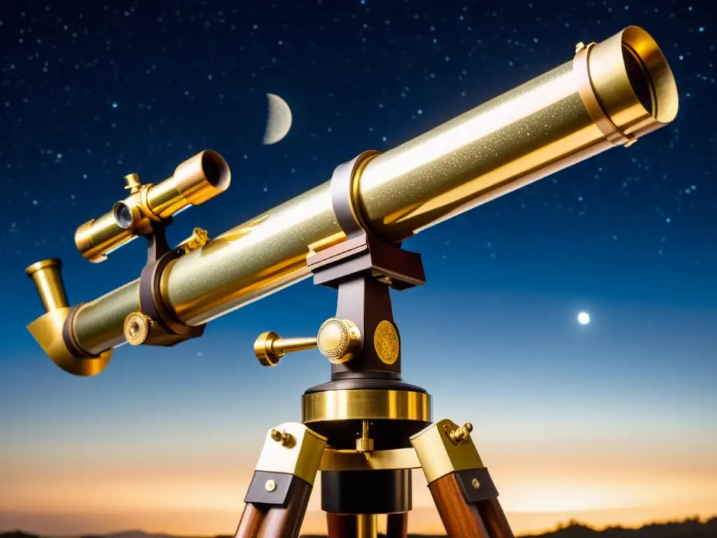 Un telescopio refractor vintage con tubo de latón y grabados detallados, montado en un trípode de madera ornamentado, con la luna y estrellas de fondo