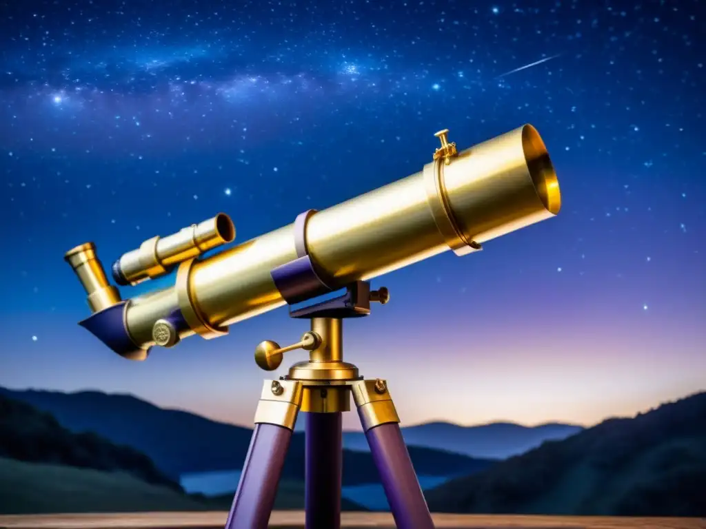 Un telescopio de latón vintage en un trípode de madera observa el cielo estrellado con constelaciones y estrellas fugaces