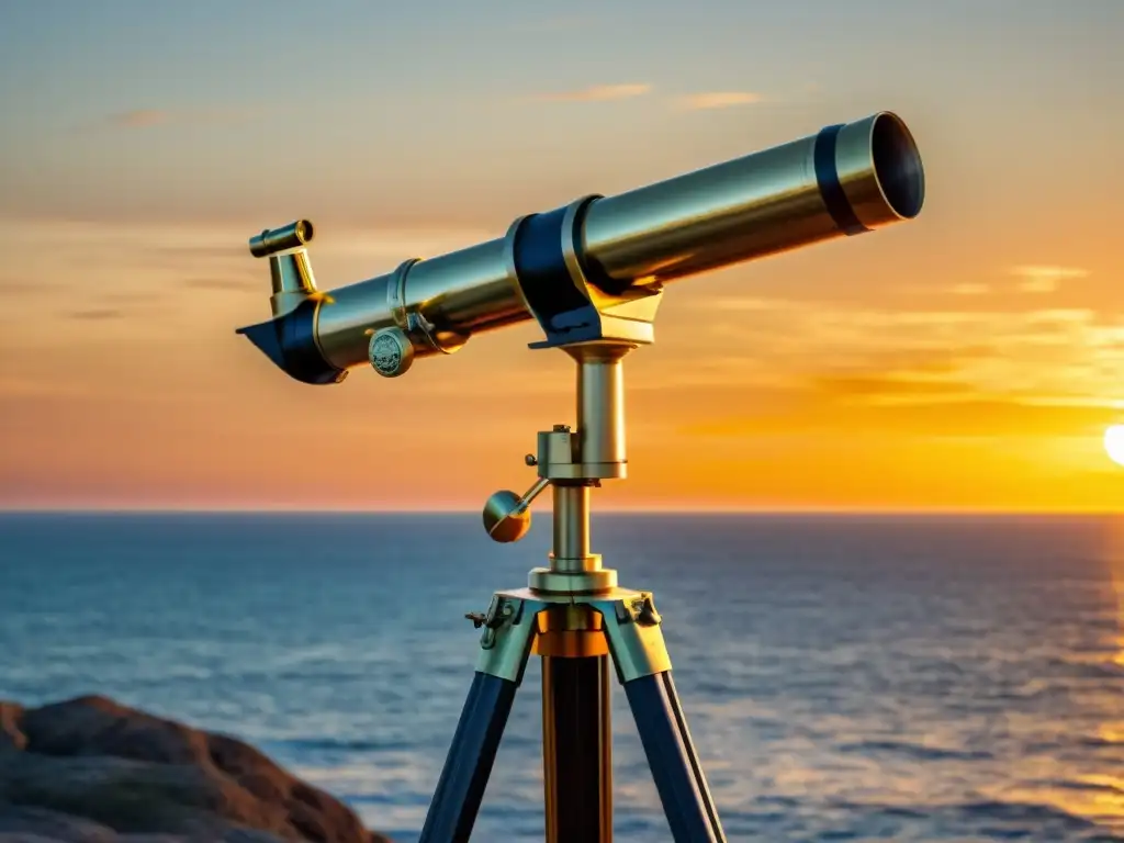 Un telescopio de latón vintage en un trípode de madera envejecida, apuntando hacia un horizonte oceánico sereno con un cautivador atardecer