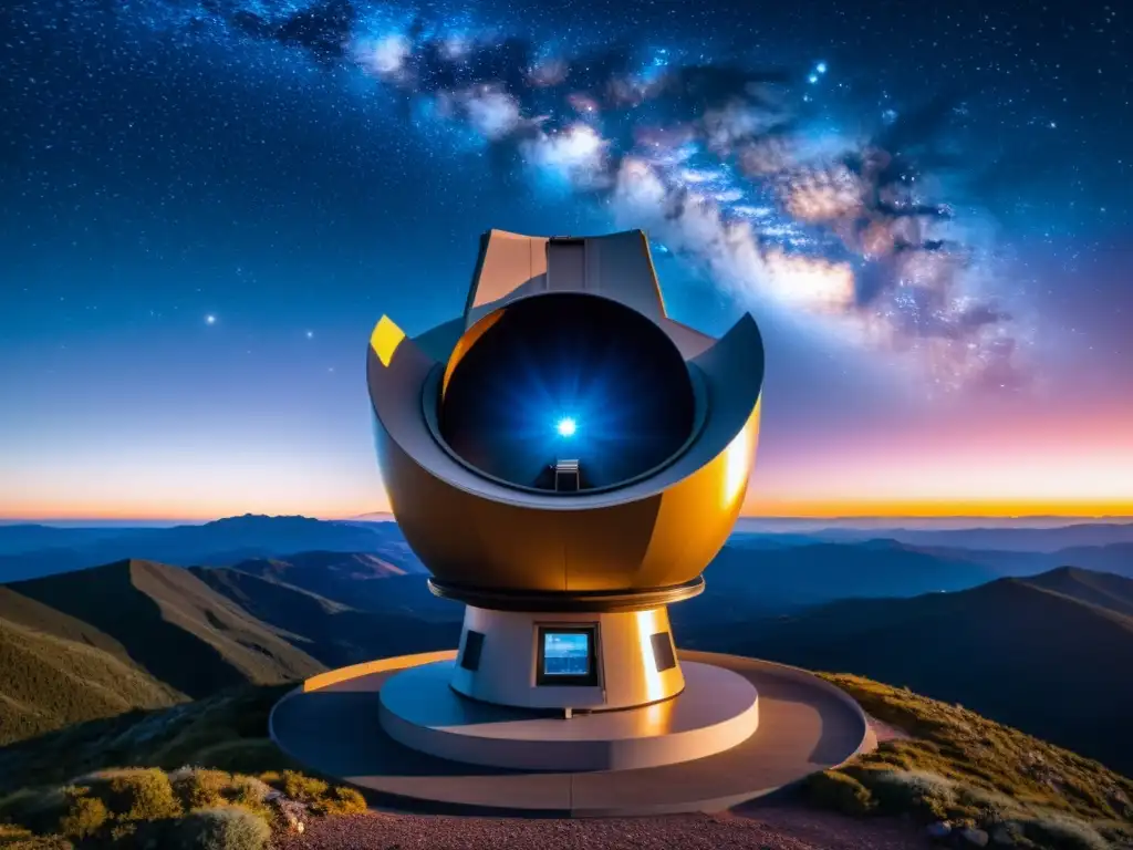 Un telescopio de vanguardia en una montaña remota, con un cielo estrellado de fondo