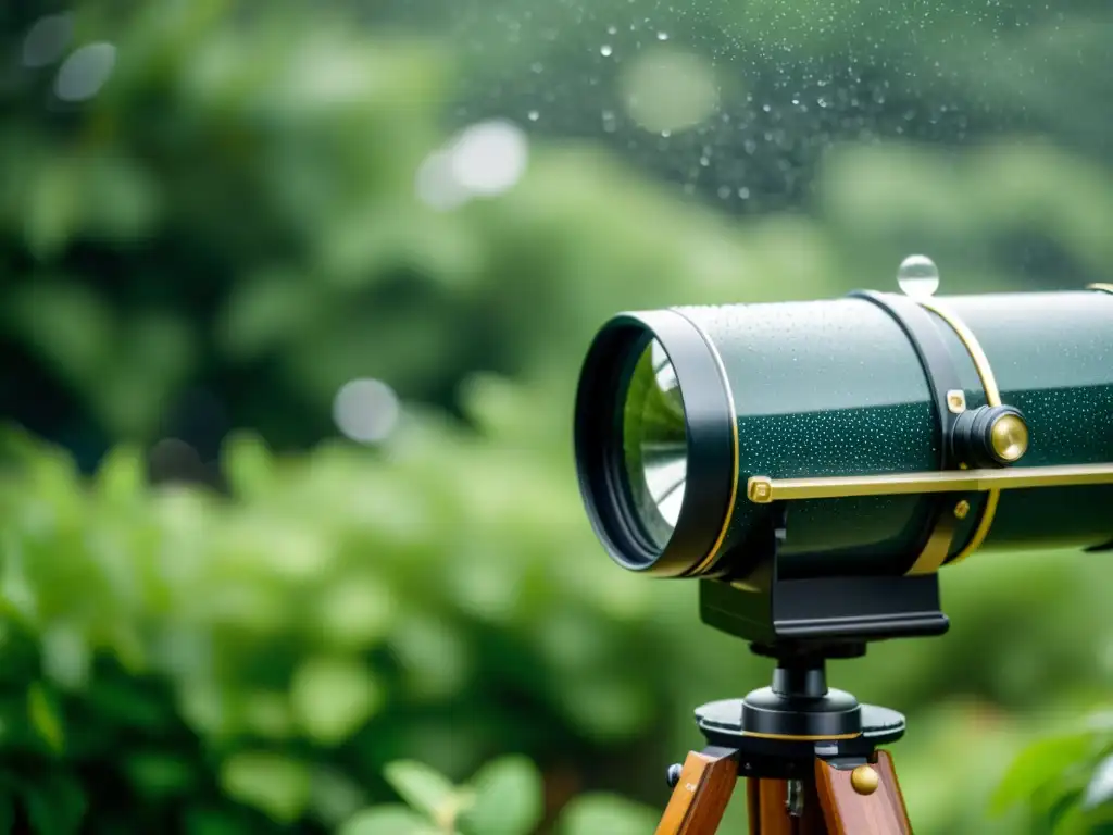 Telescopio vintage y accesorios protegidos por cobertura impermeable, con gotas de lluvia