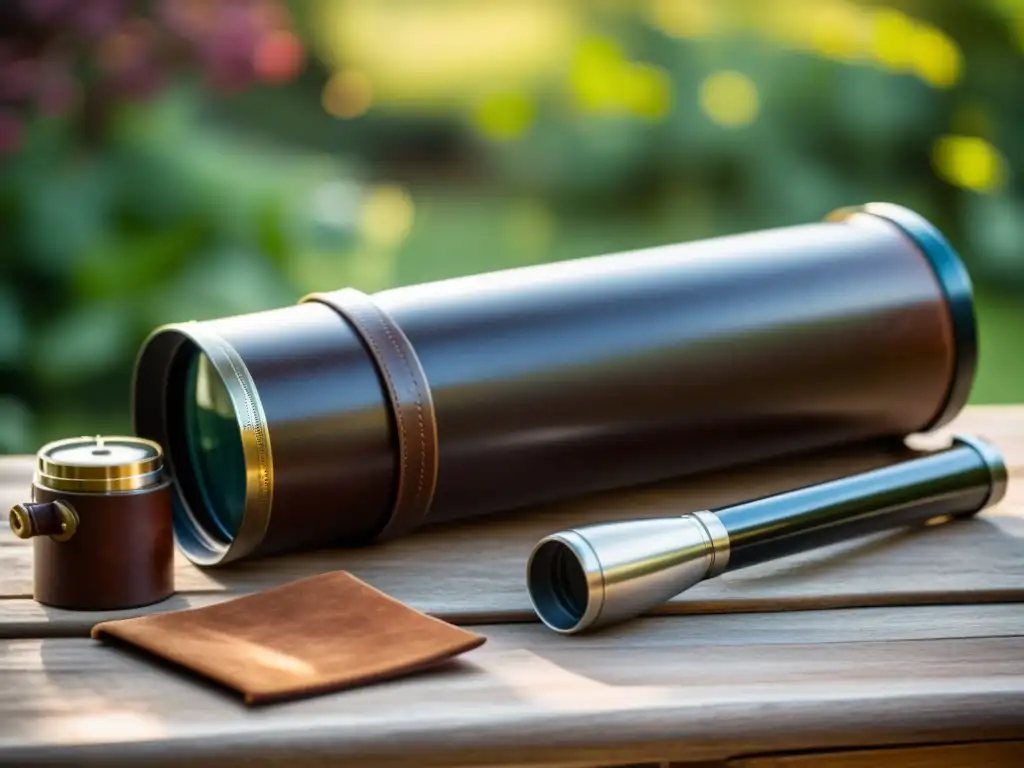 Un telescopio vintage y sus accesorios protegidos en una caja de cuero en un jardín soleado