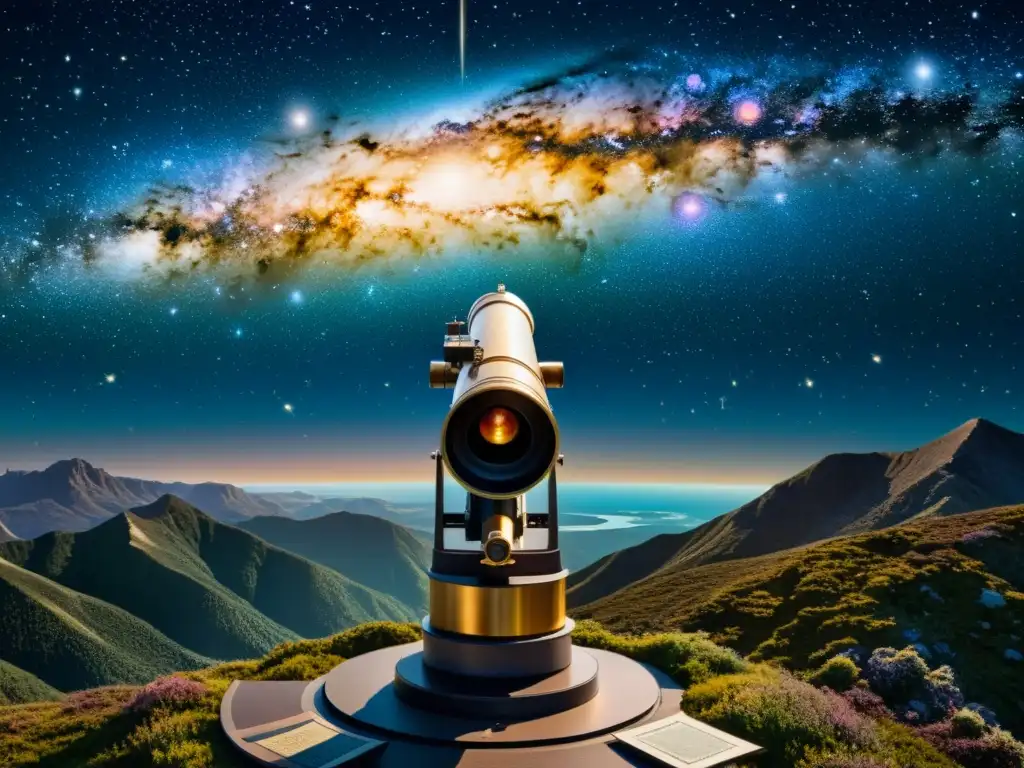 Un telescopio vintage en lo alto de una montaña, rodeado de estrellas y galaxias