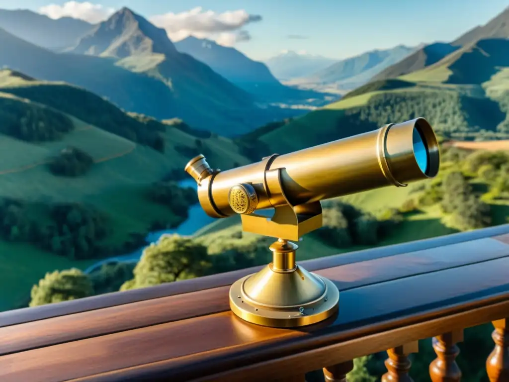 Un telescopio vintage en un balcón de madera, mirando las montañas